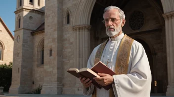 Et bilde av en kirkefader, en respektert teolog, som står foran en kirke.