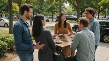 En gruppe venner møtes på en kaffebar.