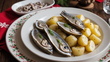 En tradisjonell norsk juledish laget med sylte sild, kokte poteter og rømme.