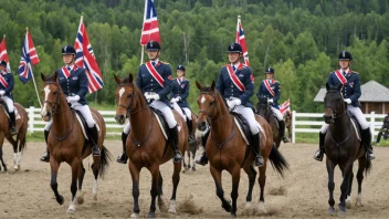 En gruppe hesteryttere i militære uniformer, som rider hester i en synkronisert måte.