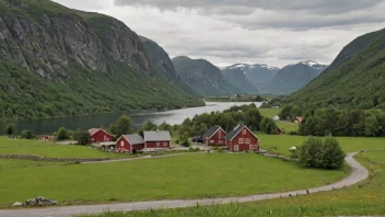 Et idyllisk gård eller landsby i Norge med et skilt som viser navnet 'Bolstad'