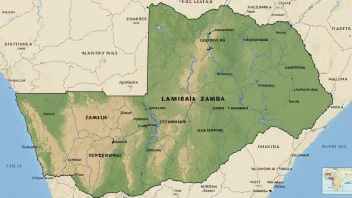 Et kart over Zambia som viser landets geografiske egenskaper og nasjonalparker.