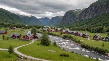 Et pittoreskt norsk landskap med en liten landsby eller dal.