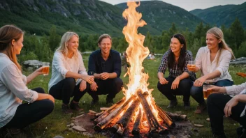 En sankthansfest i Norge med bål og tradisjonell mat.