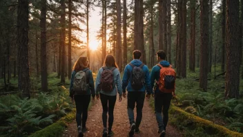 En gruppe venner på en tur, som går gjennom en vakker skog med en storslagen solnedgang i bakgrunnen.