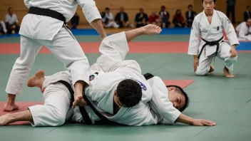 En judokonkurranse med utøvere som konkurrerer på en matte.