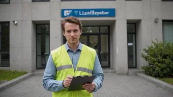 En velferdsinspektør som står foran en bygning, symboliserer deres rolle i å føre tilsyn med velferdsrelaterte spørsmål.