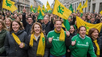 En gruppe mennesker med grønne og gule flagg og bannere, som smiler og heier i støtte for Senterpartiet