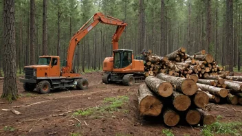 En skog med trær som høstes, med fokus på prosessen med logging og maskinene som brukes.