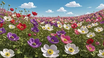 En vakker mark med anemoner i full blomst, med en klar blå himmel i bakgrunnen.