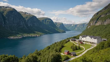 Et malerisk landskap som viser Norges turistnæring, med et hotell og en restaurant som betjener reisende og en gruppe turgåere som utforsker den vakre fjordlandskapet.