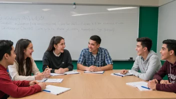 En gruppe studenter fra ulike bakgrunner og aldre, samlet rundt et bord, diskuterer og ler sammen, med en hvit tavle eller presentasjonsskjerm i bakgrunnen som viser logoen til en studentsamskipnad.