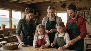 En familie som arbeider sammen i en tradisjonell norsk setting.