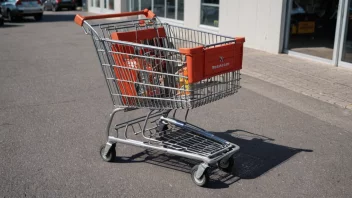 En kassevogn med sølvfarget kropp og hjul, stående på en parkeringsplass utenfor en butikk.