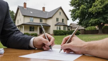 En person som signerer en kontrakt, med et hus i bakgrunnen, som illustrerer en boligforpliktelse.