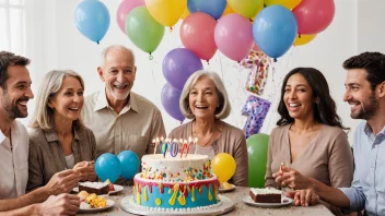 En festlig scene med en stor kake, fargerike ballonger og gaver, omgitt av glade mennesker som feirer en 70-årsdag.