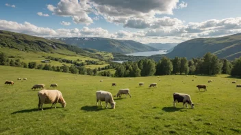 Et idyllisk sommerlandskap i Norge med beitende dyr.