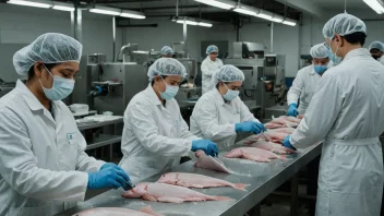 En fabrikk som produserer fiskefileter, med arbeidere i hvite frakker og maskiner som skjærer og pakker filetene.