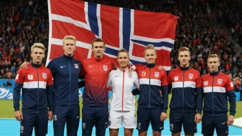 En gruppe utøvere i nasjonalteam-drakter som står sammen, med et norsk flagg i bakgrunnen.