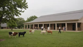 En veterinærhøgskolebygning med moderne arkitektur, omgitt av studenter og ulike dyr, som symboliserer institusjonens fokus på dyrehelse og utdanning.