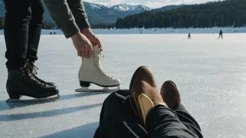 En person som skifter skøyter, med en bakgrunn av en frossen innsjø eller en isbane.