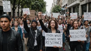 En gruppe mennesker som protesterer i gatene, holder skilt og bannere, med en sterk følelse av motstand og opposisjon i luften.