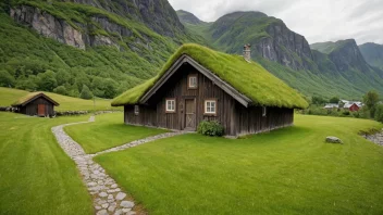 Et tradisjonelt norsk torvhus i en fredelig dal.