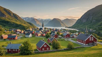 Et idyllisk norsk landskap med en kirke i sentrum, omgitt av rullende åser og fjell i bakgrunnen.