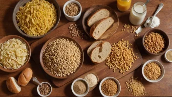 En samling av kornbaserte matvarer, inkludert brød, pasta og frokostblandinger.