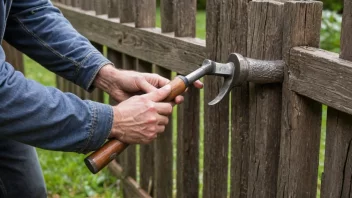 En person reparerer et tre-gjerde med en hammer og spiker.