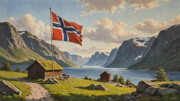 Et fredelig norsk landskap med et flagg som vifter i vinden, representert nasjonal stolthet og kulturell utvikling.