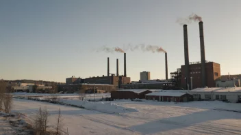 Et foto av en stor industriell fabrikk med skorsteiner og en skilt med teksten 'Lakkproduksjonsfabrikk' på norsk.