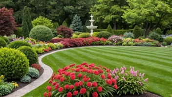 En vakker og velholdt hage med fargerike blomster og en frodig grønn gressplen.