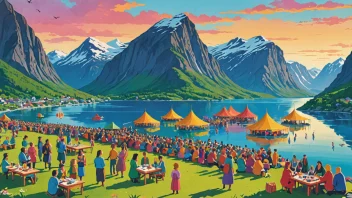 En fargerik festivalscene som feirer litteratur og kultur, satt i et storslått norsk landskap.