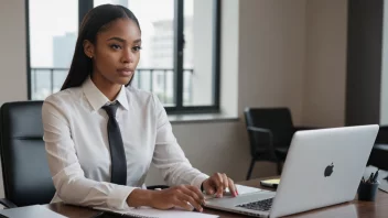 En juniorrådgiver som sitter ved et skrivebord og arbeider på en laptop.