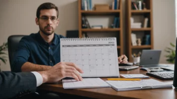 En person som arbeider ved et skrivebord med en kalender i bakgrunnen.