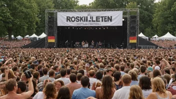 Et bilde av Roskildefestivalen, med en stor folkemengde som nyter livemusikk.