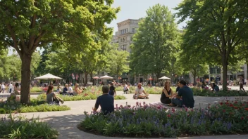 En offentlig plass med mennesker som sitter og snakker, omgitt av trær og blomster.