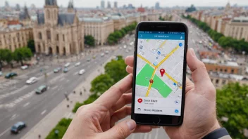 En person som bruker en GPS-navigasjonsapp på sin smarttelefon for å finne veien i en by.