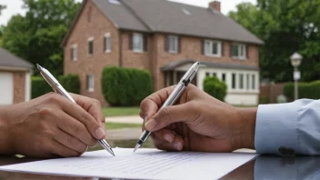 En person som signerer en kontrakt, med et hus eller en bygning i bakgrunnen.