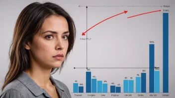 En person som ser skuffet eller ulykkelig ut med en graf eller diagram i bakgrunnen som viser en nedgang eller et gap mellom forventninger og virkelighet.