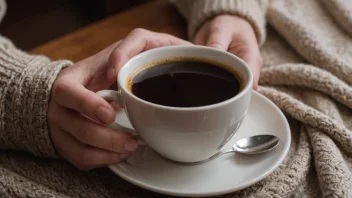 En persons hånd som holder en varm kopp kaffe eller te, med en koselig bakgrunn.