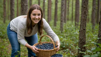 En person som plukker blåbær i en skog, med en kurv i hånden og et smil på ansiktet.