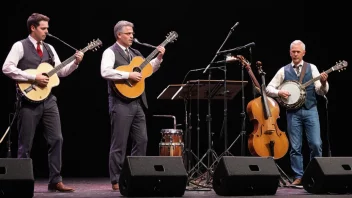 Et bluegrassband som spiller på scenen med en banjo, gitar og fele.