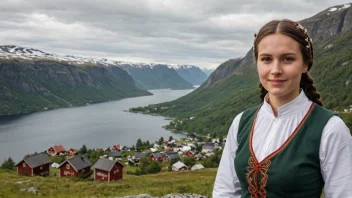 En person iført et fargerikt setesdalskostyme, stående foran en fjord med fjell og trær i bakgrunnen.