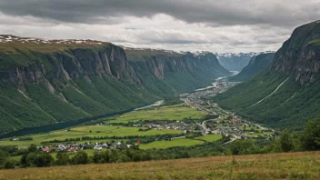 En malerisk dal i Norge med en liten landsby i bakgrunnen