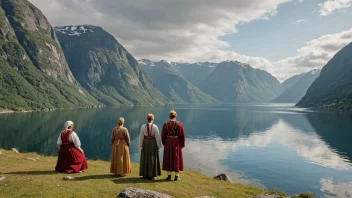 En gruppe mennesker fra Vestlandet i tradisjonelle klær står foran en naturskjønn fjordlandskap.