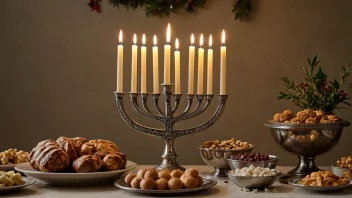 En festlig Hanukkah-scene med en menorah, lys og tradisjonell mat.