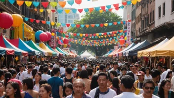 En levende byfestival med et mangfoldig publikum, musikkopptredener og ulike mat- og drikkealternativer.