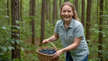 En person som plukker blåbær i skogen, med en kurv i hånden og et glad uttrykk i ansiktet.